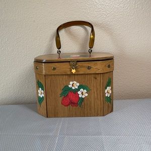 Bentwood Handcraft Wood Strawberry Purse Storage Handle Box Vintage MCM